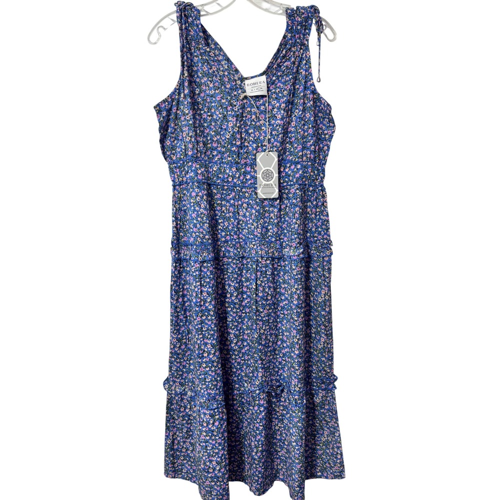Bohera Bianca Blue Floral Tiered Midi Dress Sleeveless Tie Strap  Large NEW